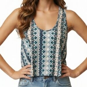 Womens Geometric Flowy Tank Top Sleeveless Abstract Boho Blue White Cropped S